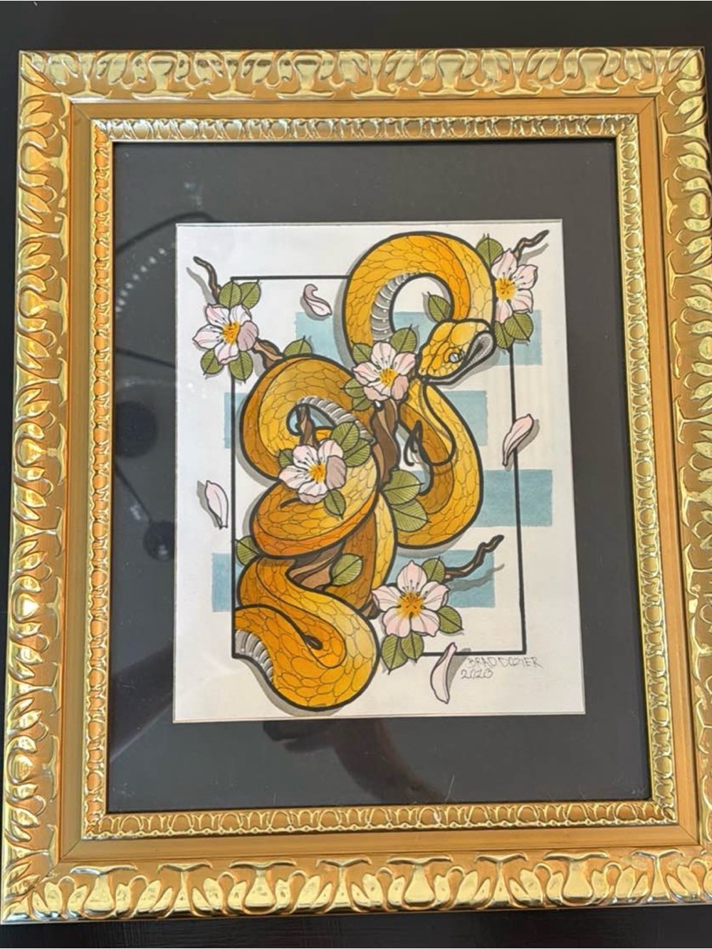 Yellow American Traditional Snake Floral Art Print in Gold Frame